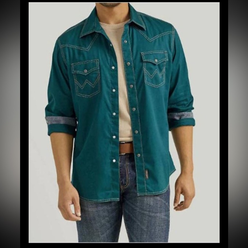 Wrangler Retro Premium Men's Green Solid Snap Button Down Shirt Size XL